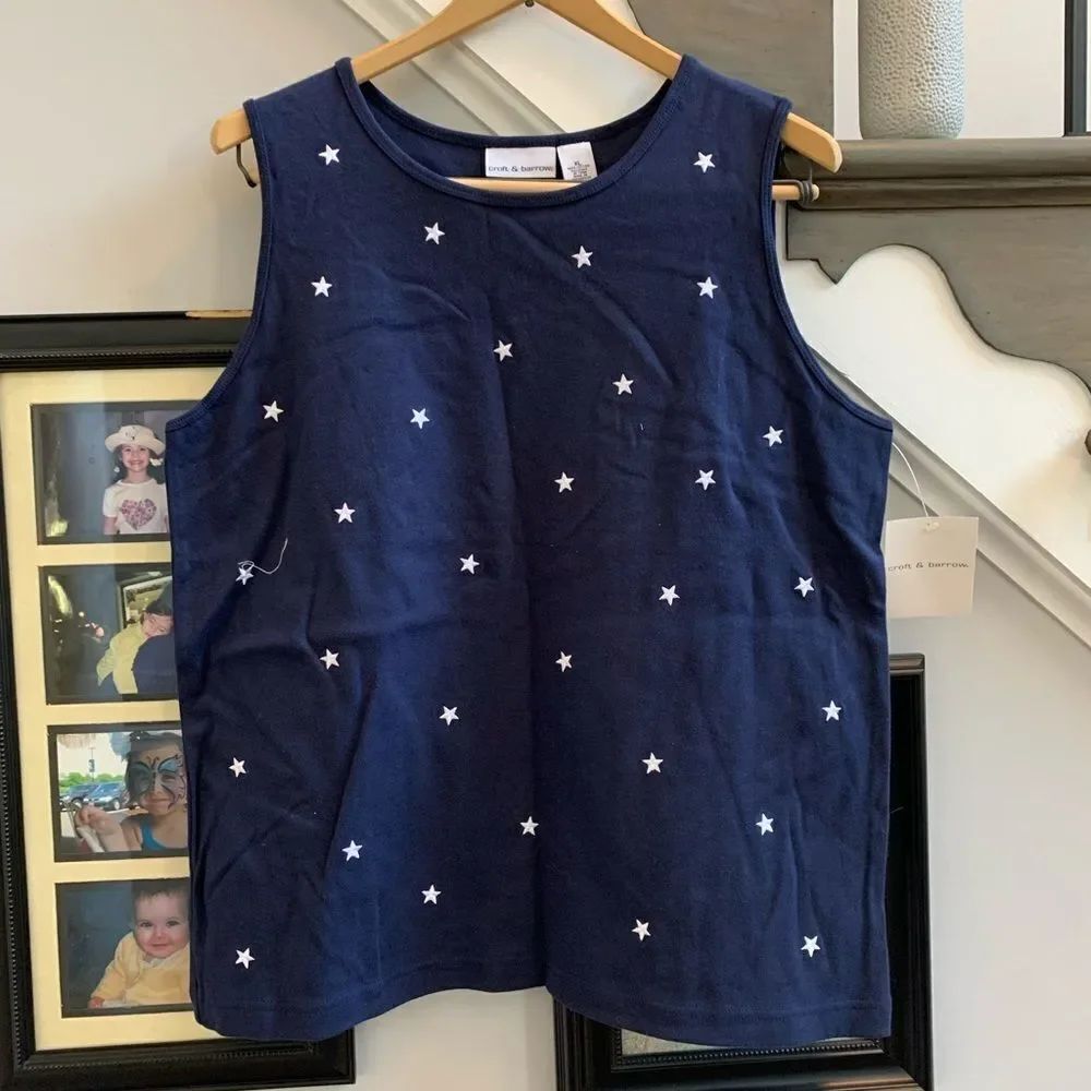 Croft & Barrows Navy Jersey Embroidered Stars Tank Top sz XL NWT
